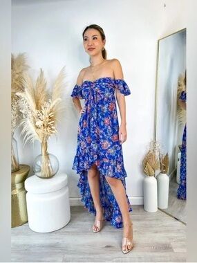 [NWT] $470 MISA LA Xirena Floral Ruffle High Low Maxi Dress In Blue. XS